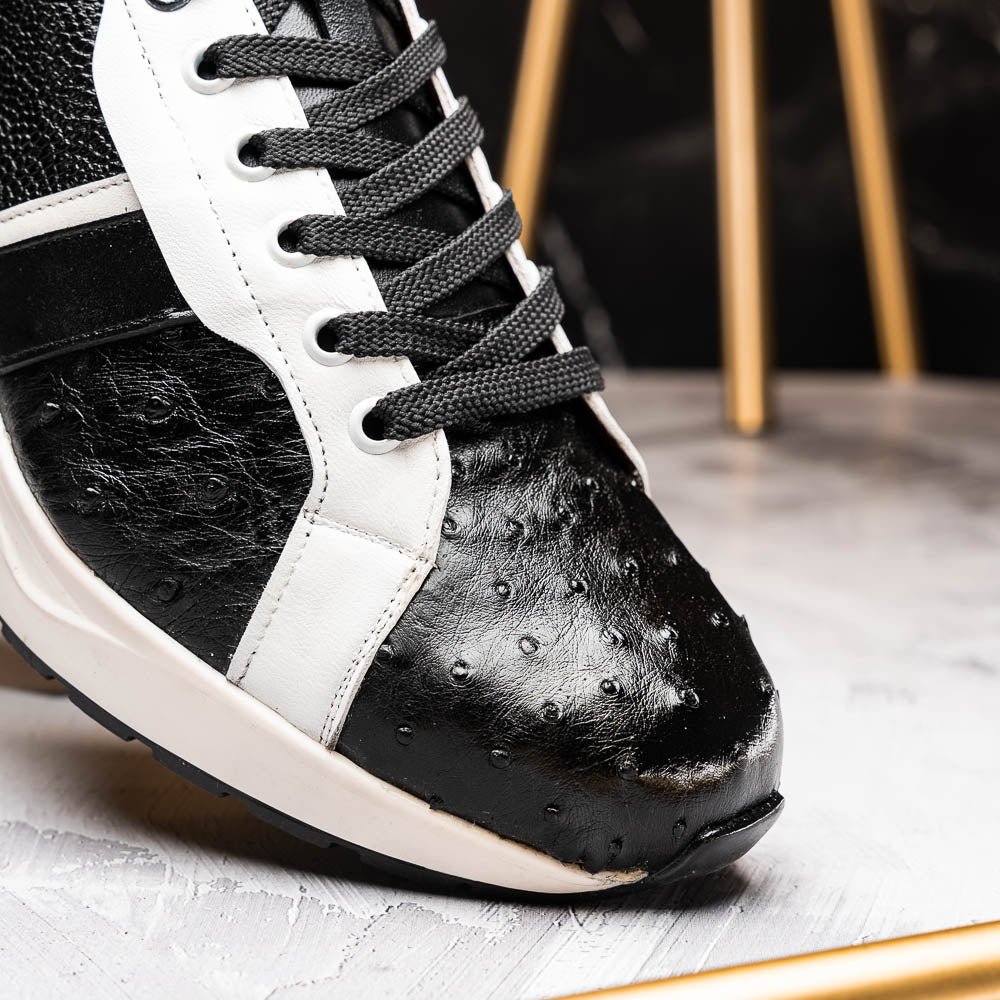 Lyon Genuine Ostrich and Classic Calfskin Fashion Sneaker Black / White