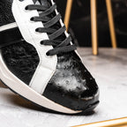 Lyon Genuine Ostrich and Classic Calfskin Fashion Sneaker Black / White