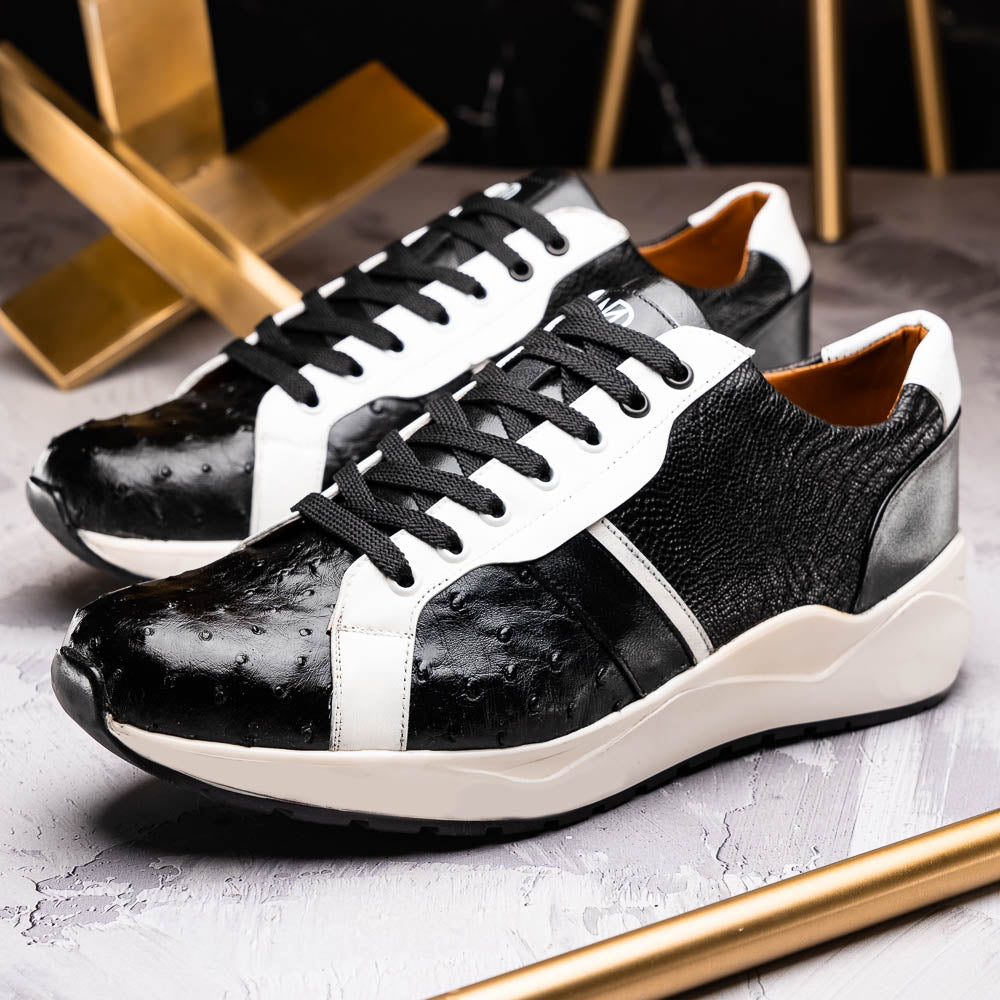Lyon Genuine Ostrich and Classic Calfskin Fashion Sneaker Black / White