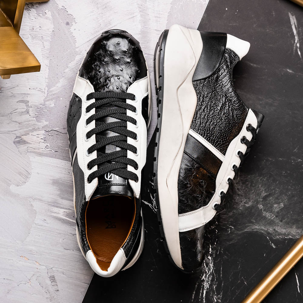Lyon Genuine Ostrich and Classic Calfskin Fashion Sneaker Black / White