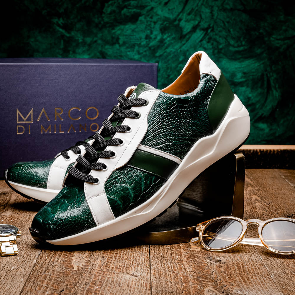 Lyon Genuine Ostrich and Calfskin Fashion Sneaker Green / White