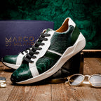 Lyon Genuine Ostrich and Calfskin Fashion Sneaker Green / White
