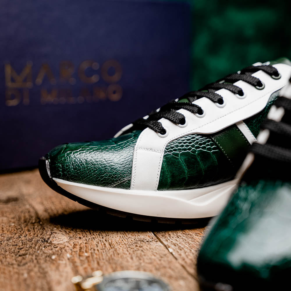 Lyon Genuine Ostrich and Calfskin Fashion Sneaker Green / White