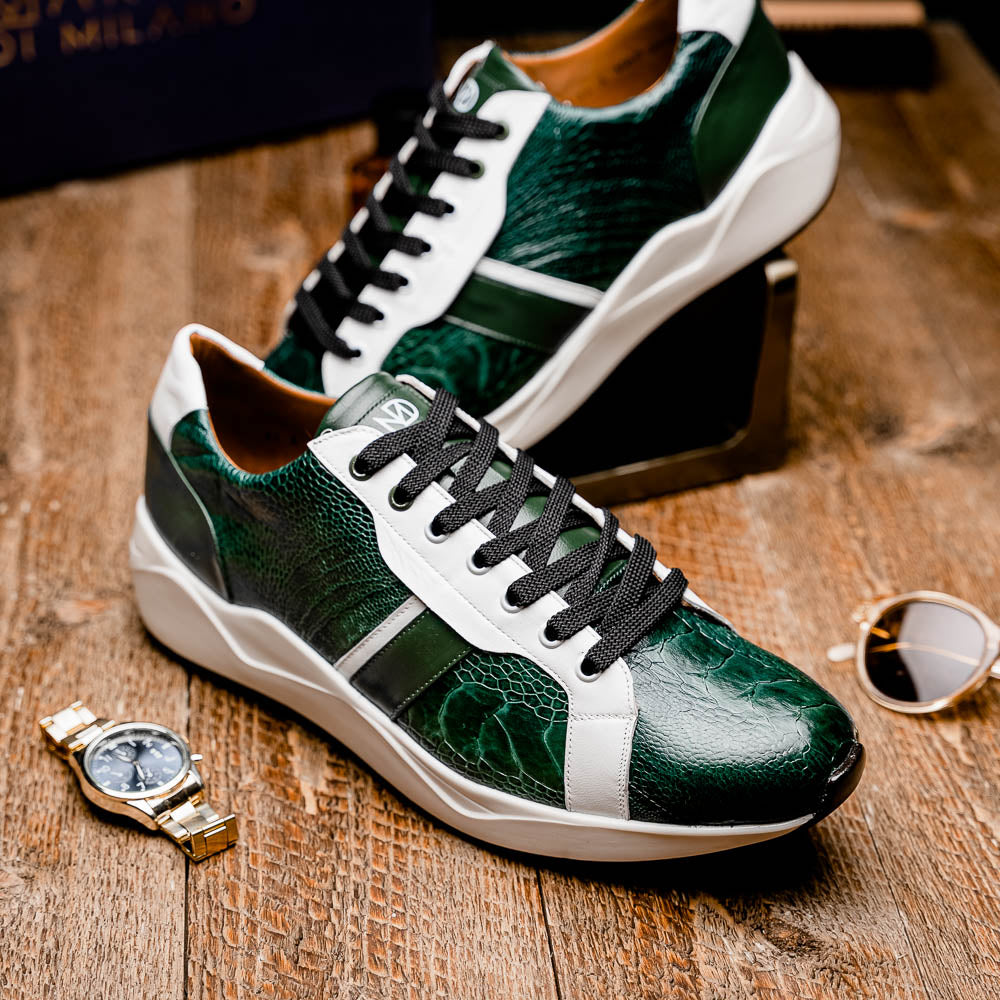 Lyon Genuine Ostrich and Calfskin Fashion Sneaker Green / White