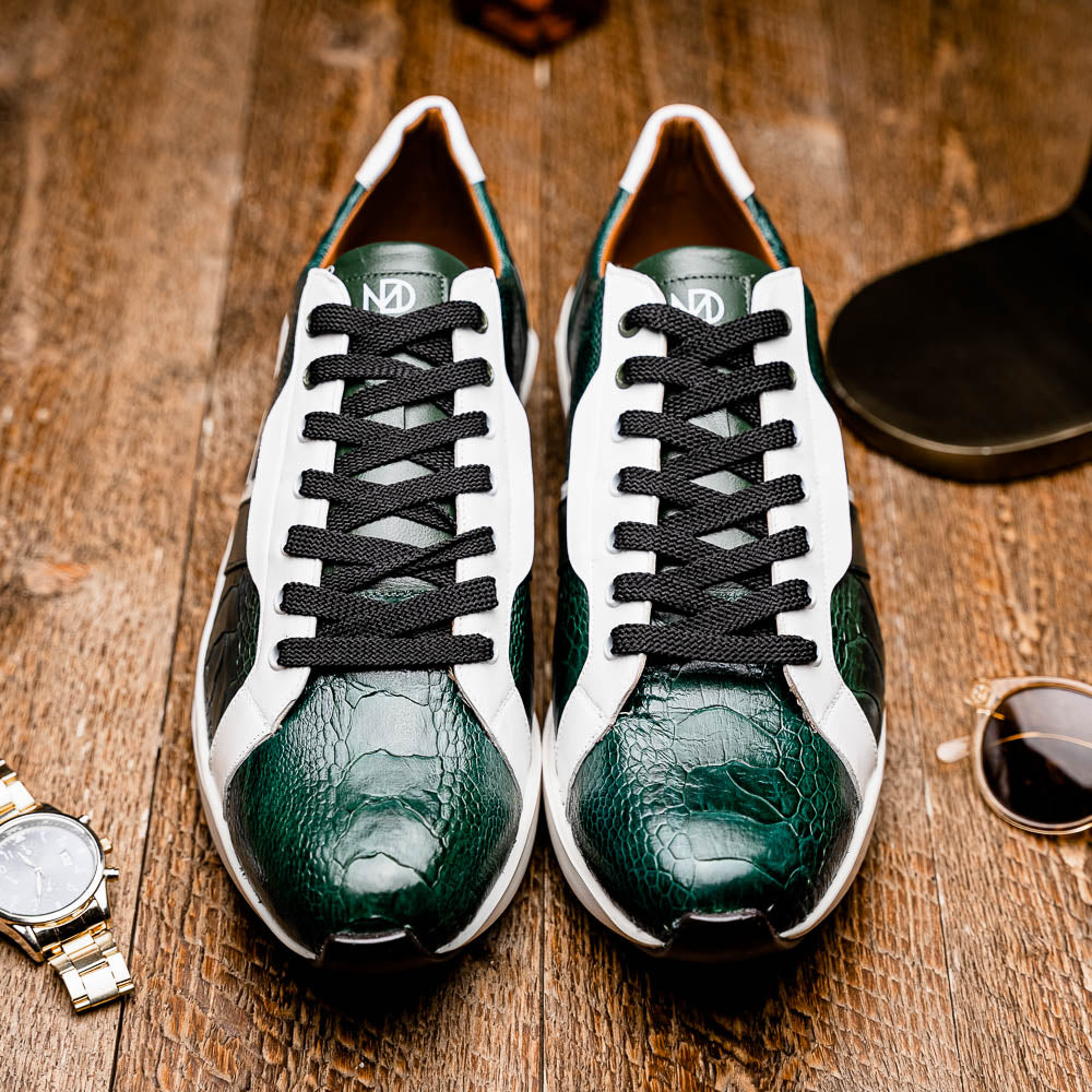 Lyon Genuine Ostrich and Calfskin Fashion Sneaker Green / White