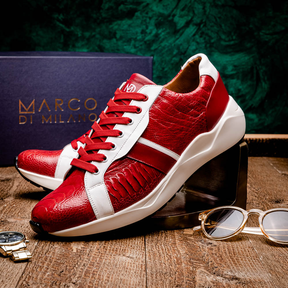 Lyon Genuine Ostrich and Calfskin Fashion Sneaker Red / White