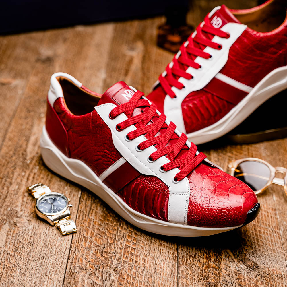 Lyon Genuine Ostrich and Calfskin Fashion Sneaker Red / White