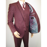 Mens Three Piece Suit Vested VITALI Soft Fabric With Sheen M3090 Burgundy 3Piece