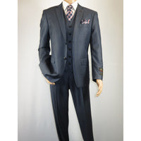 Mens Vitali Three Piece Suit Vested Sheen Sharkskin Business M3090 Navy blue
