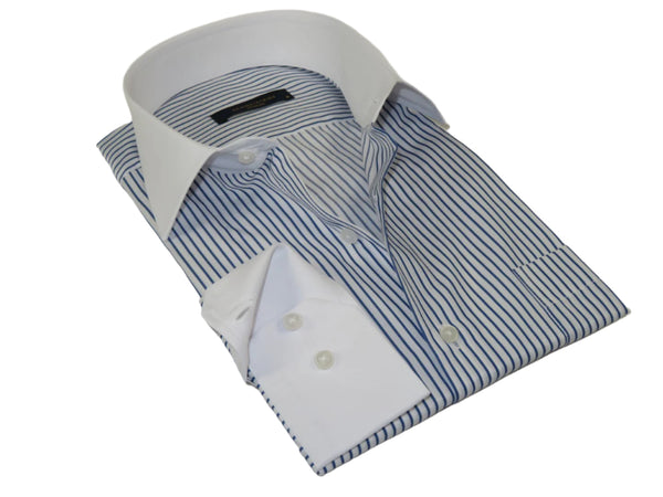 Men's Shirt MARCUZZI Turkey 100% Cotton Marc4 Navy Stripe White Collar and Cuffs