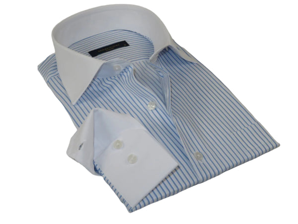 Men's Shirt MARCUZZI Turkey 100% Cotton Marc5 Blue Stripe White Collar and Cuffs