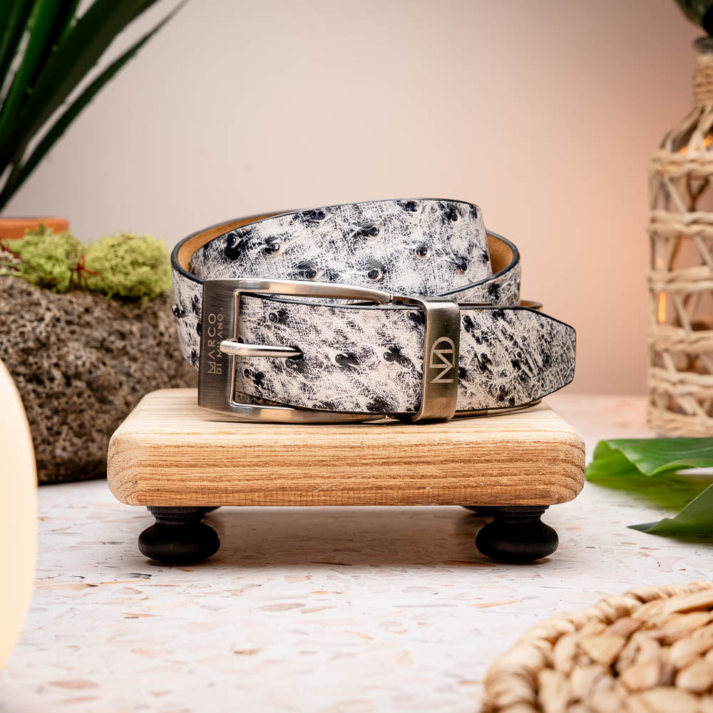 Domenico Genuine Exotic Ostrich Belt Antique Newspaper