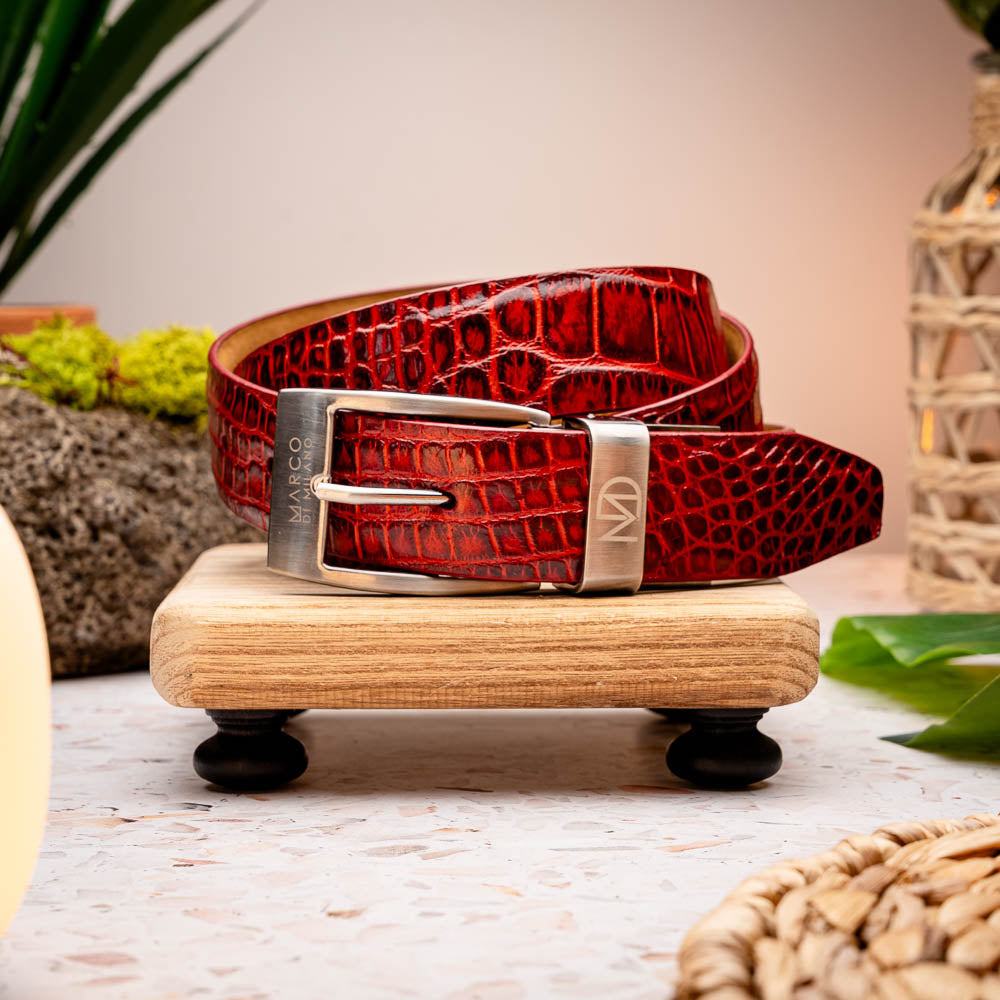 Riccardo Genuine Exotic Caiman Fuscus-Belly Belt Antique Red