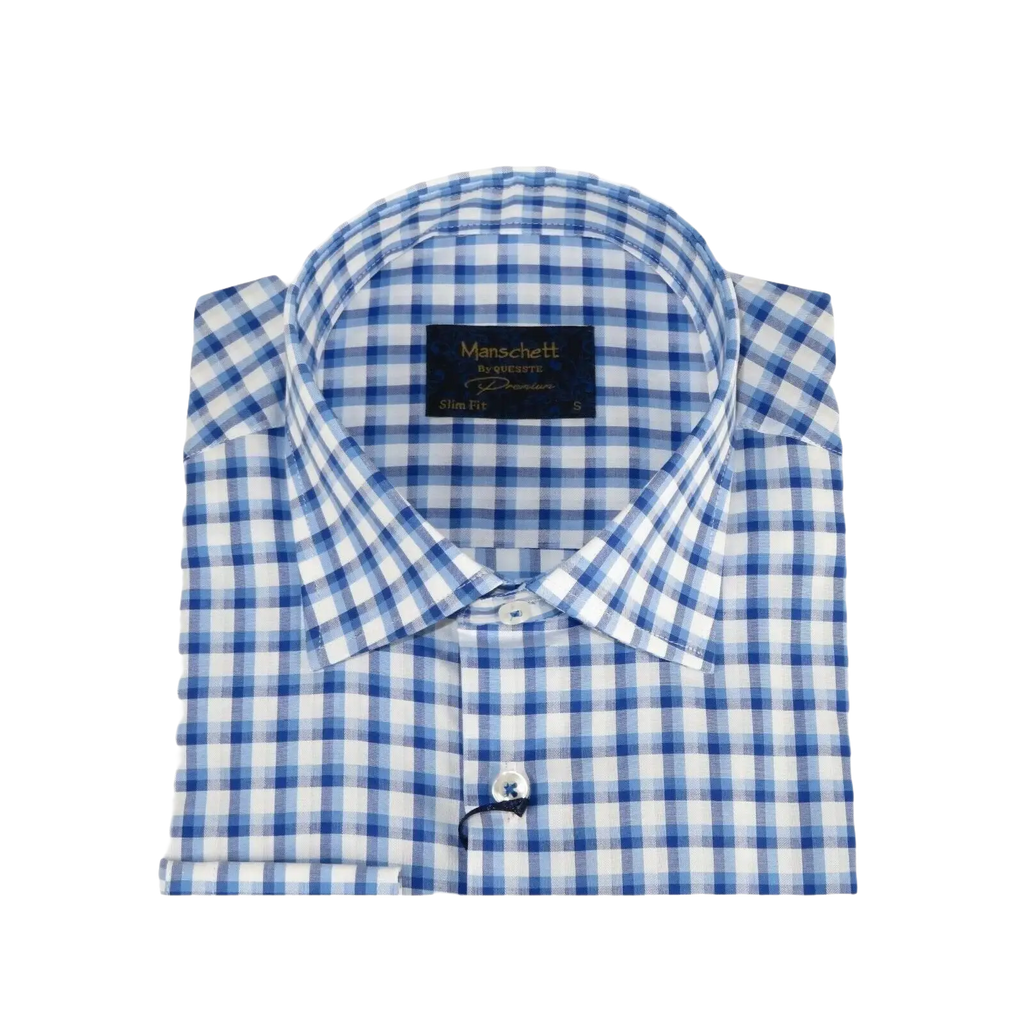 Men 100% Cotton Shirt Manschett Quesste Turkey Slim Fit 6012 - 05 Med Blue Checker - J.Valintin Men's Wear Legend - 96884