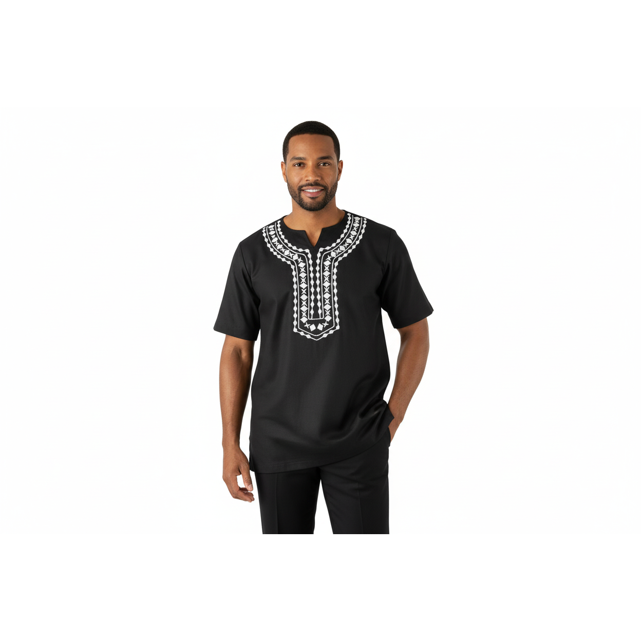 Men 2pc Stacy Adams leisure suit Linen Cotton With Embroidery 3668 Black White