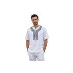 Men 2pc Stacy Adams leisure suit Linen Cotton With Embroidery 3668 white black - J.Valintin Men's Wear Legend - 95926