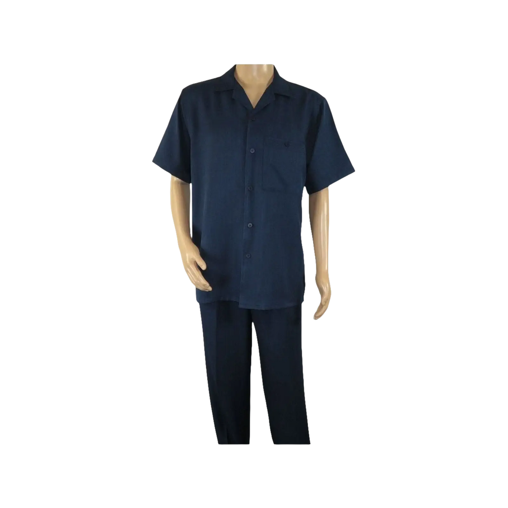 Men 2pc Walking Leisure Suit Short Sleeves By DREAMS 255 - 01 Solid Navy Blue - J.Valintin Men's Wear Legend - 96084