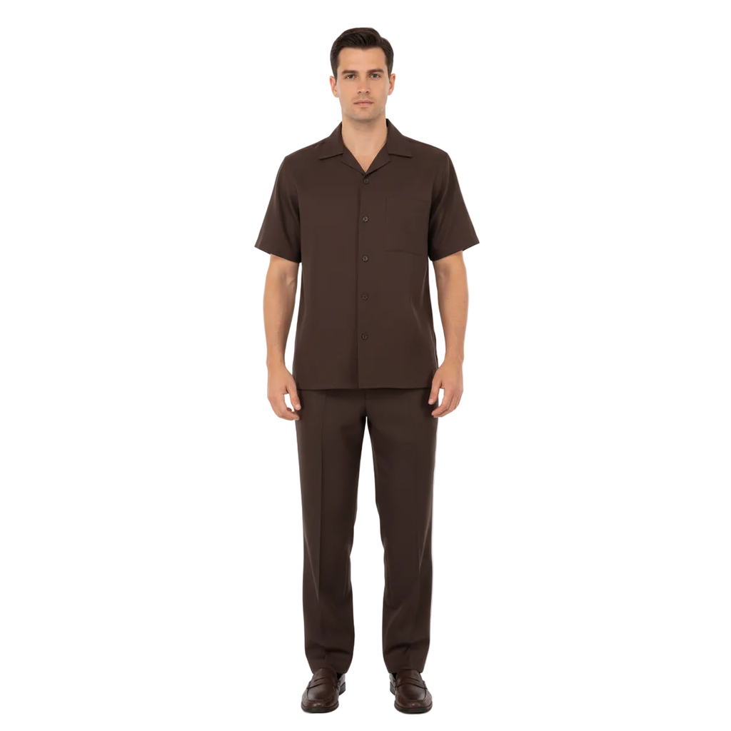 Men 2pc Walking Leisure Suit Short Sleeves By DREAMS 256-02 Solid Brown