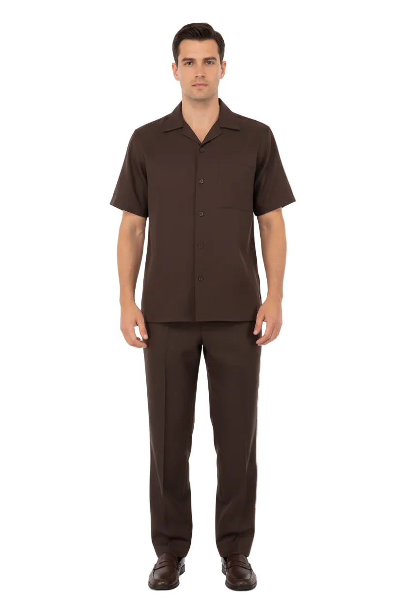 Men 2pc Walking Leisure Suit Short Sleeves By DREAMS 256-02 Solid Brown