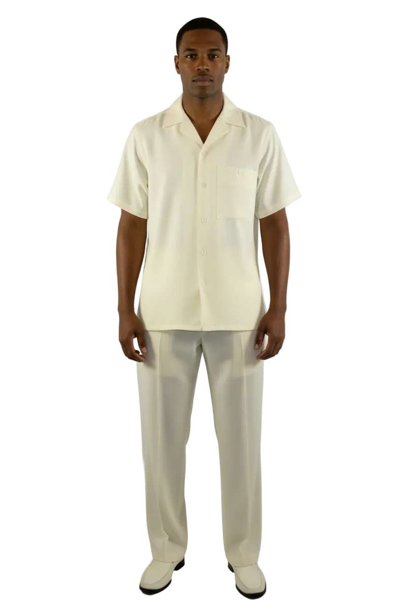 Men 2pc Walking Leisure Suit Short Sleeves By DREAMS 256-05 Solid Cream Ivory