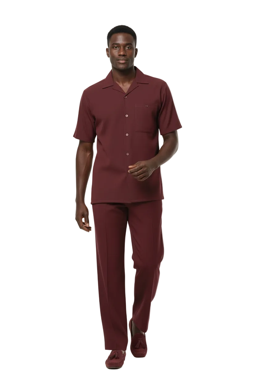 Men 2pc Walking Leisure Suit Short Sleeves By DREAMS 256-06 Solid Burgundy
