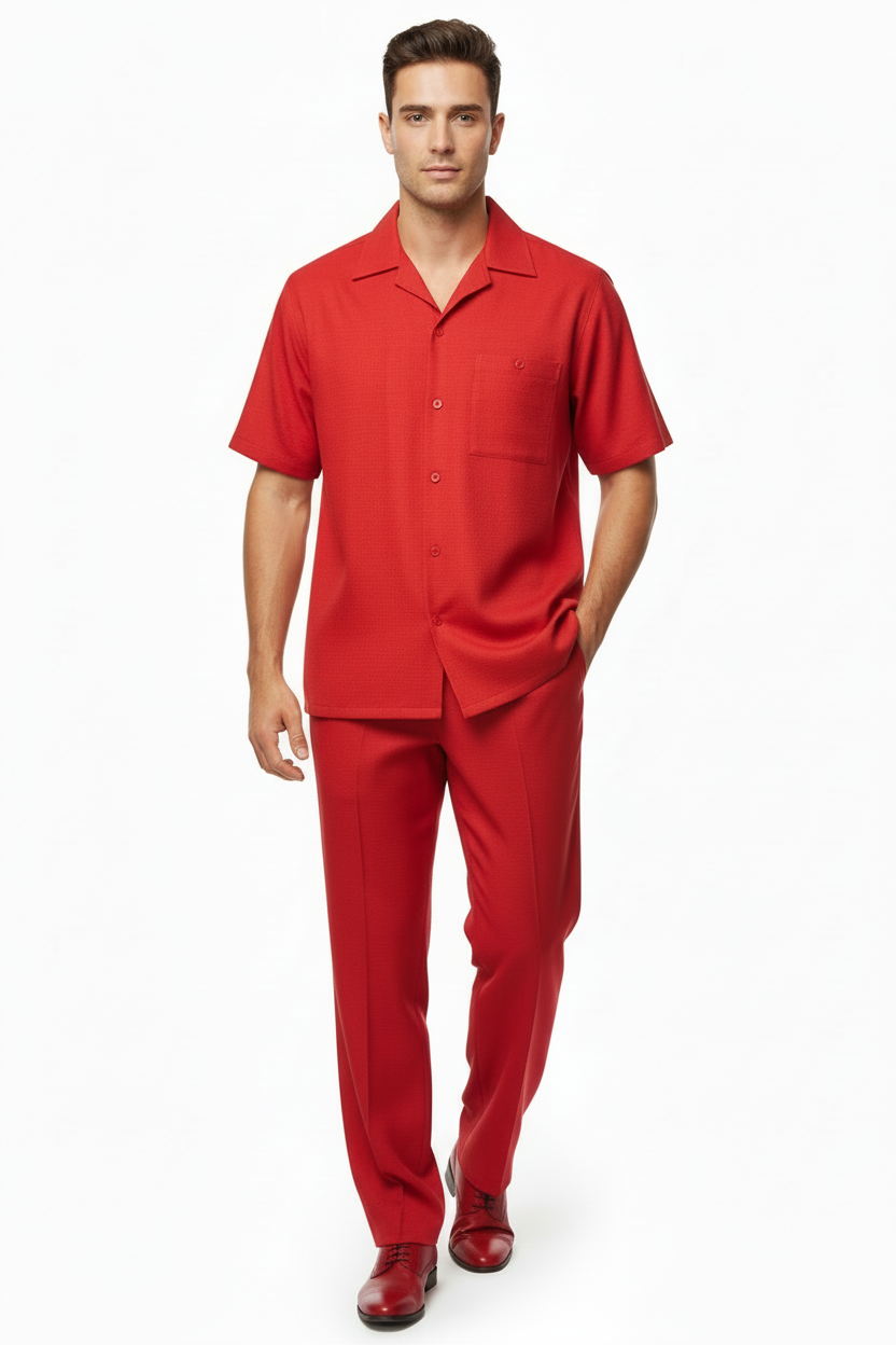 Men 2pc Walking Leisure Suit Short Sleeves By DREAMS 256-08 Solid Red