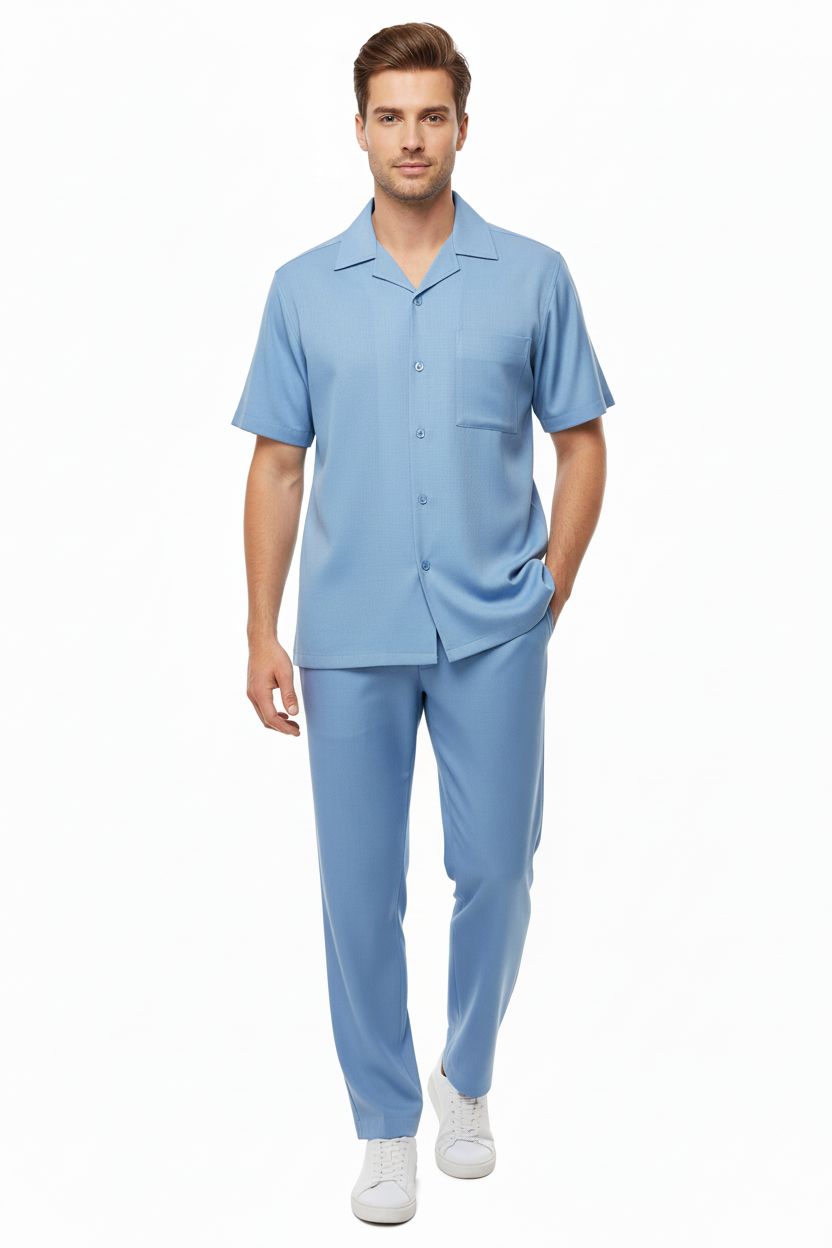Men 2pc Walking Leisure Suit Short Sleeves By DREAMS 255-11 Solid Sky Blue