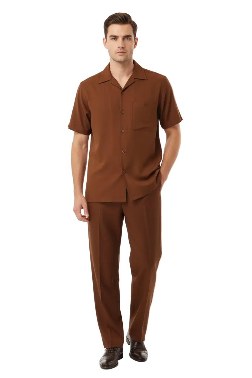 Men 2pc Walking Leisure Suit Short Sleeves By DREAMS 256-12 Solid Cognac