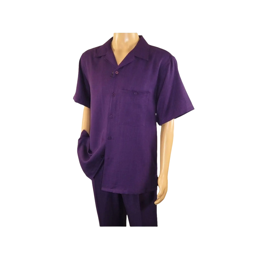 Men 2pc Walking Leisure Suit Short Sleeves By DREAMS 255 - 19 Solid Purple - J.Valintin Men's Wear Legend - 95896