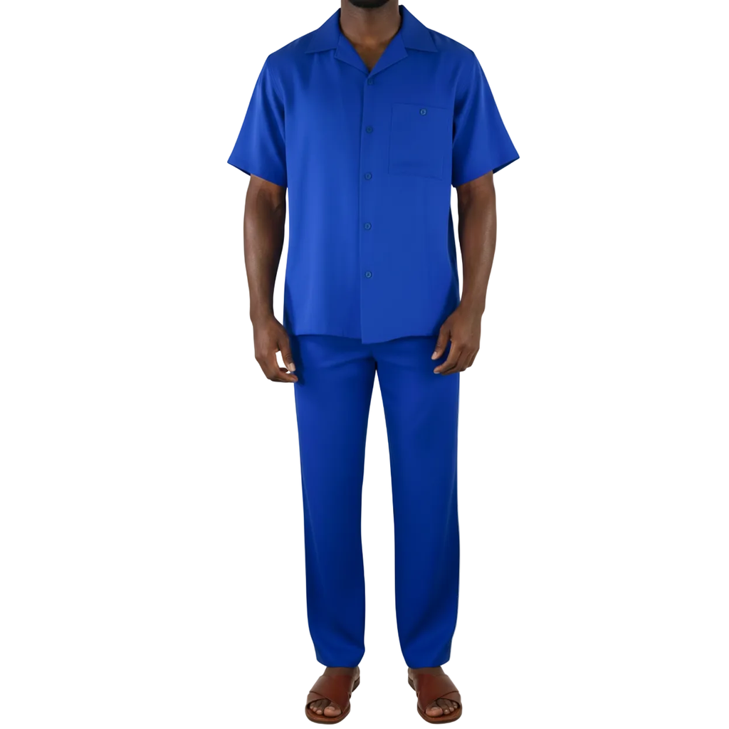 Men 2pc Walking Leisure Suit Short Sleeves By DREAMS 256-21 Solid Royal Blue