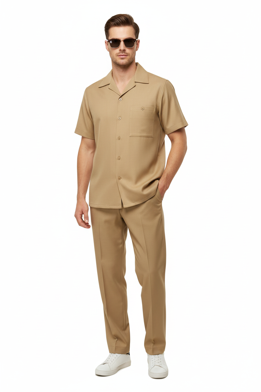 Men 2pc Walking Leisure Suit Short Sleeves By DREAMS 256-23 Solid Safari Tan