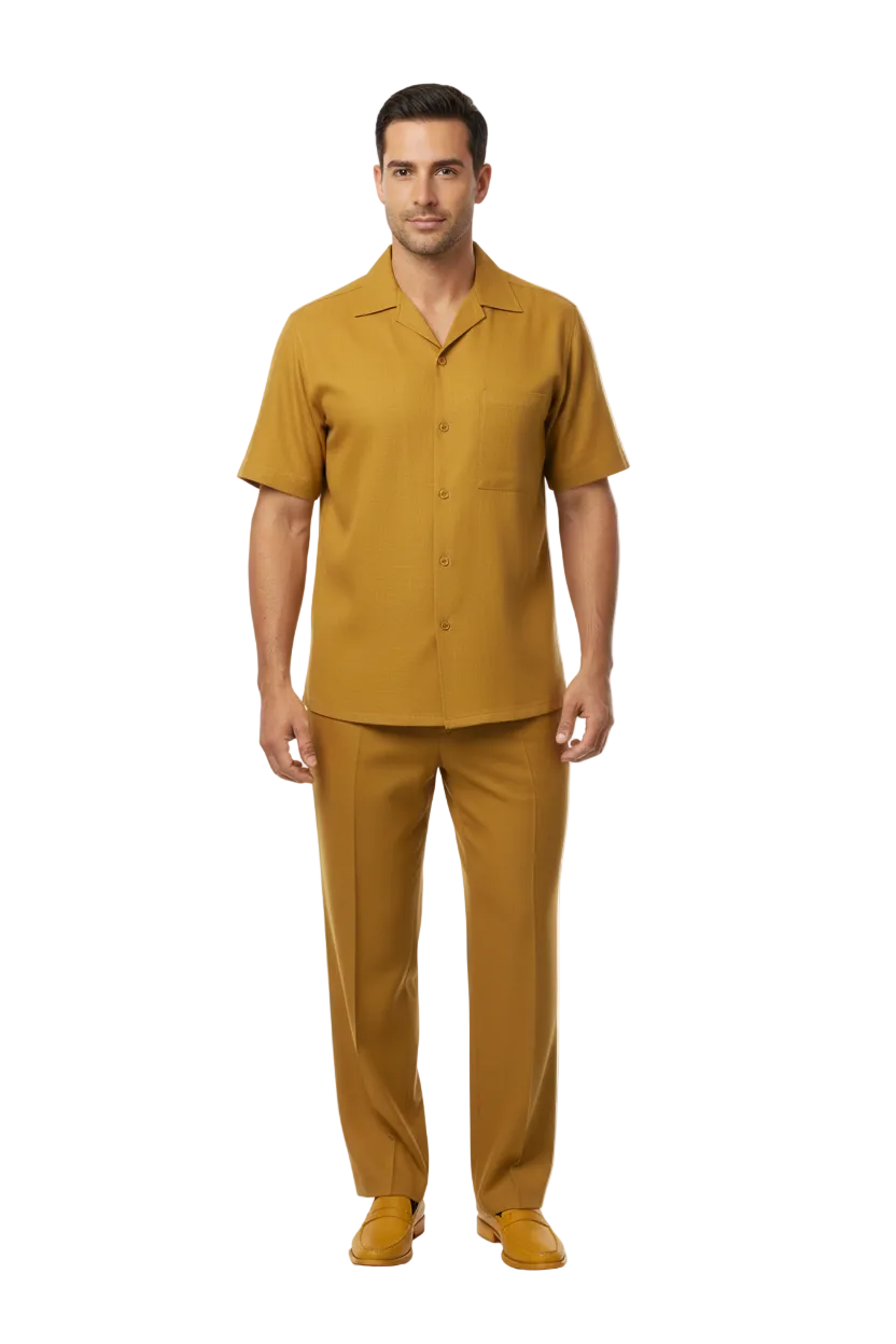 Men 2pc Walking Leisure Suit Short Sleeves By DREAMS 256-27 Solid Mustard