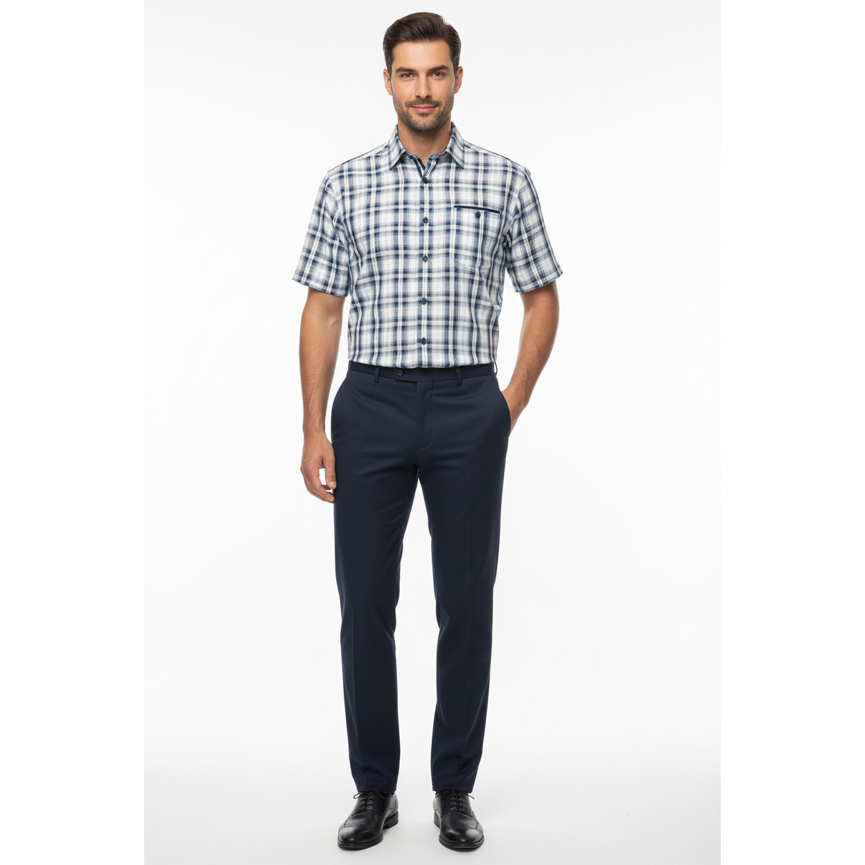 Men 2pc Walking Leisure Suit Short Sleeves By DREAMS Checker 282-01 Navy Blue