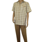Men 2pc Walking Leisure Suit Short Sleeves By DREAMS Checker 282 - 03 Tan - J.Valintin Men's Wear Legend - 282 - 03 Tan - M