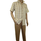 Men 2pc Walking Leisure Suit Short Sleeves By DREAMS Checker 282 - 03 Tan - J.Valintin Men's Wear Legend - 282 - 03 Tan - M