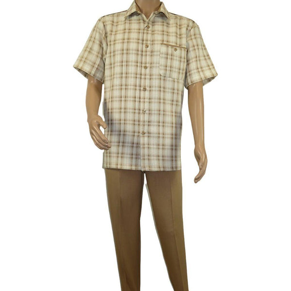 Men 2pc Walking Leisure Suit Short Sleeves By DREAMS Checker 282 - 03 Tan - J.Valintin Men's Wear Legend - 282 - 03 Tan - M