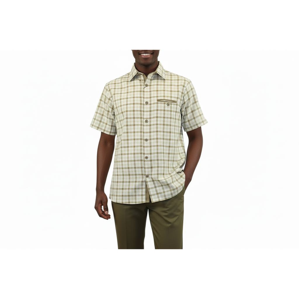 Men 2pc Walking Leisure Suit Short Sleeves By DREAMS Checker 283-03 Tan