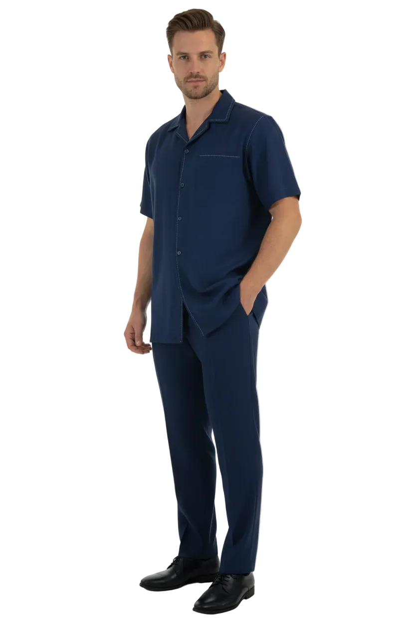 Men 2pc Walking Leisure Suit Short Sleeves By DREAMS Fancy 265-31 Sailor Blue