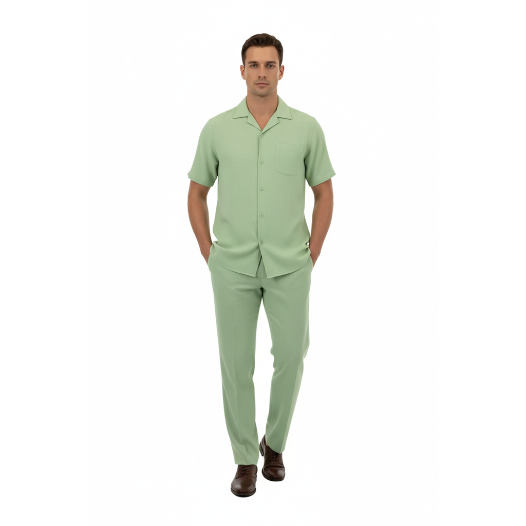 Men 2pc Walking Leisure Suit Short Sleeves By DREAMS Fancy 265-34 Lime Green