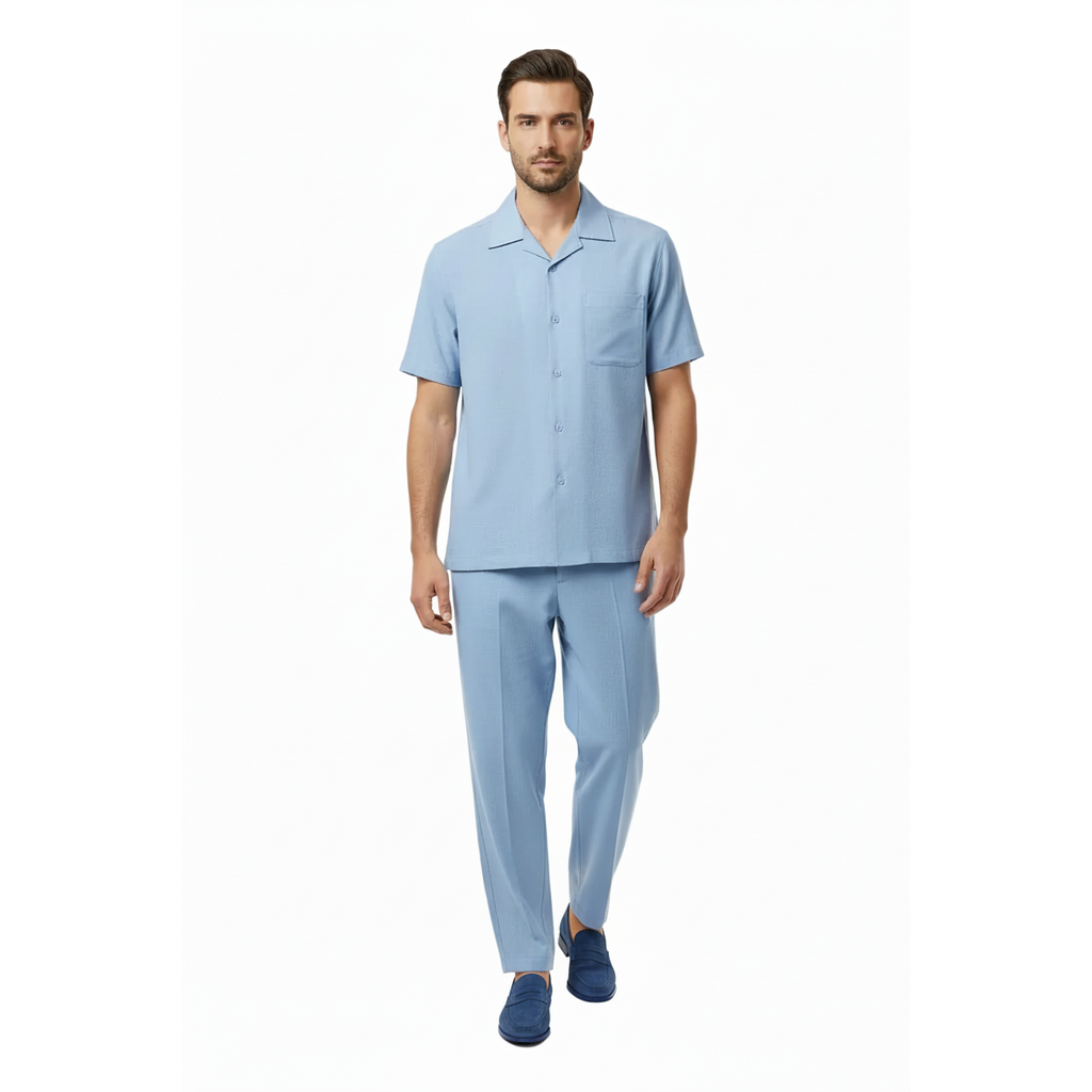 Men 2pc Walking Leisure Suit Short Sleeves By DREAMS Fancy 277-11 Ocean Blue