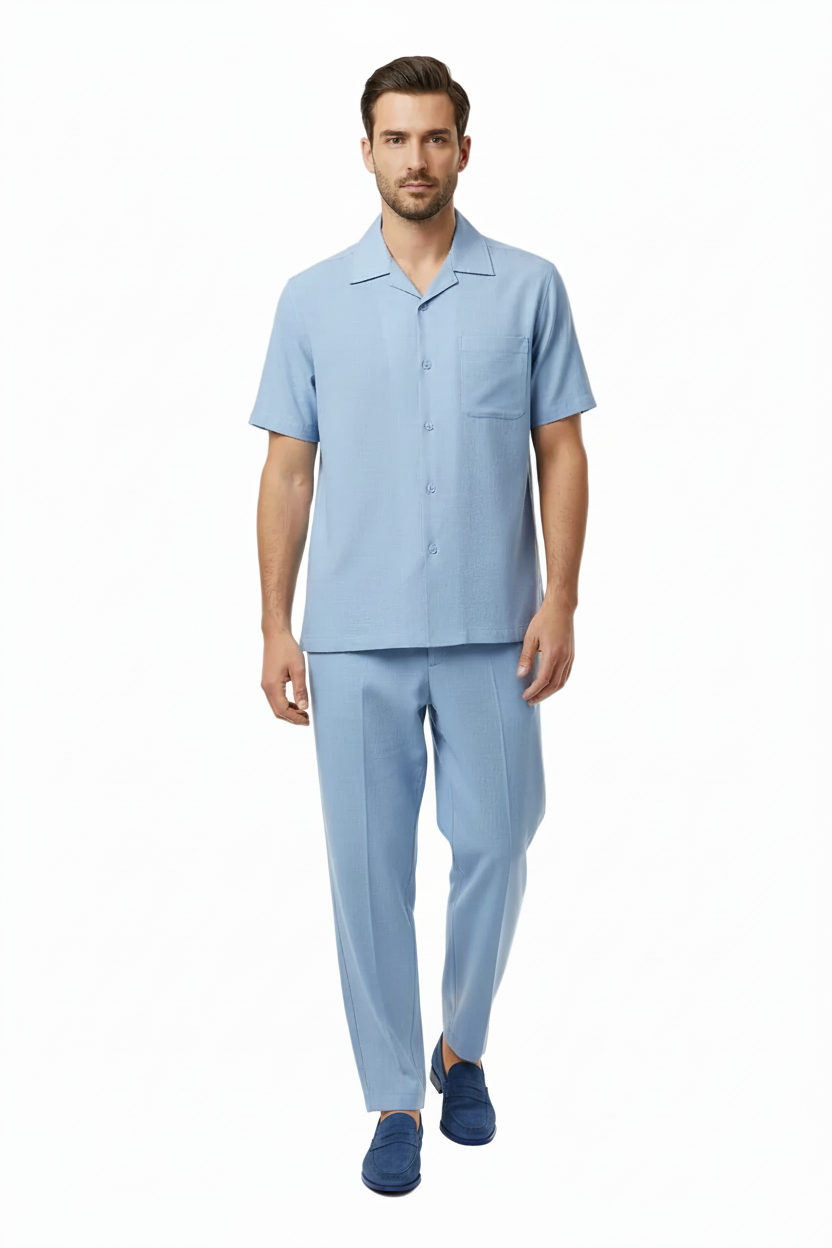 Men 2pc Walking Leisure Suit Short Sleeves By DREAMS Fancy 277-11 Ocean Blue