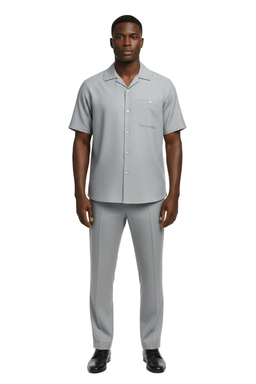 Men 2pc Walking Leisure Suit Short Sleeves By DREAMS Fancy 277-35 Steel Gray