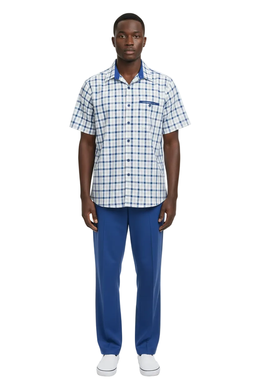 Men 2pc Walking Leisure Suit Short Sleeves By DREAMS Fancy 283-11 Royal Blue