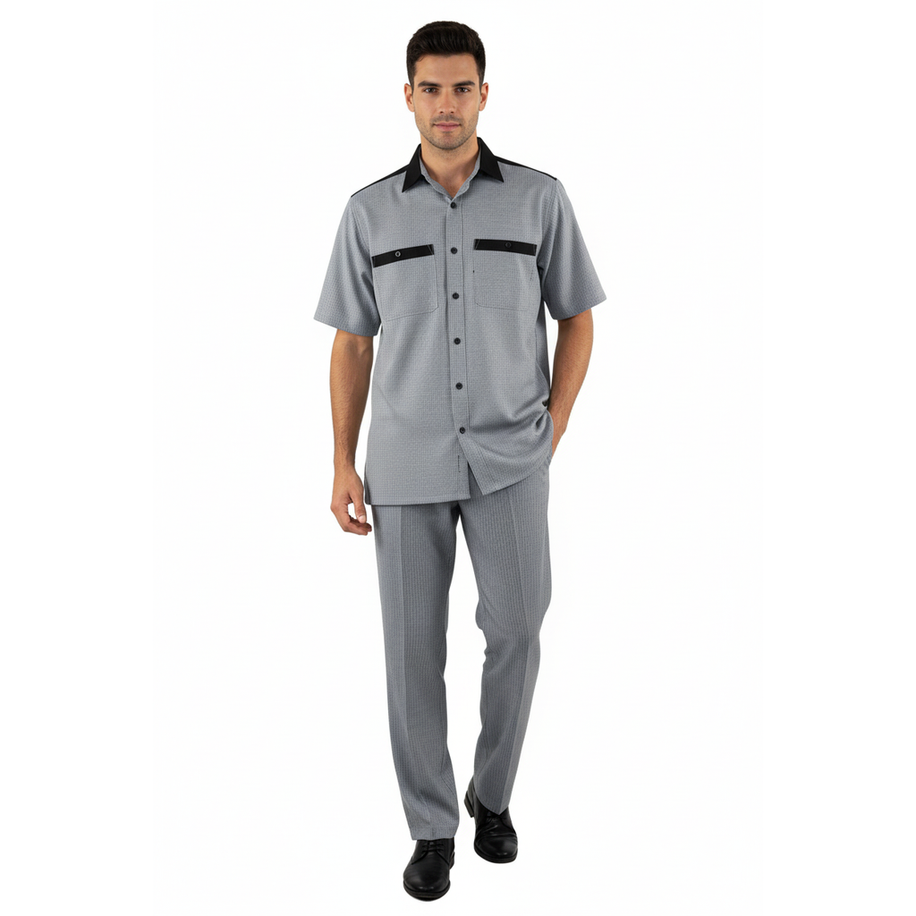Men 2pc Walking Leisure Suit Short Sleeves DREAMS 263-00 Black white Salt pepper