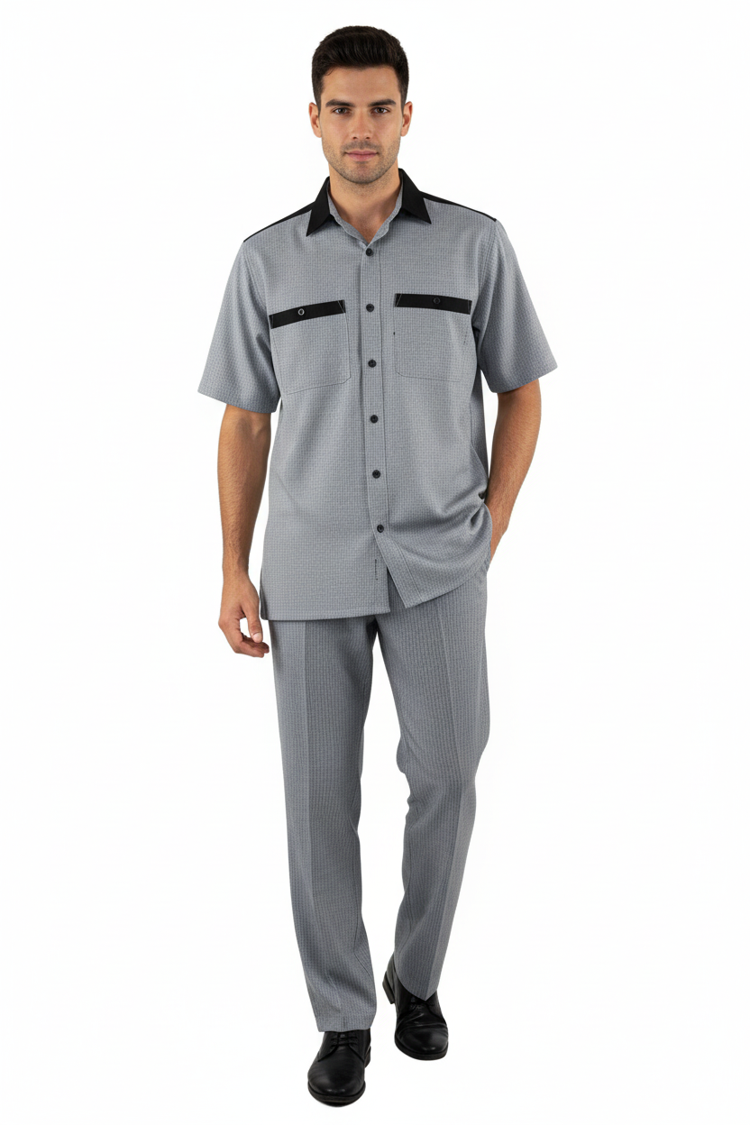 Men 2pc Walking Leisure Suit Short Sleeves DREAMS 263-00 Black white Salt pepper