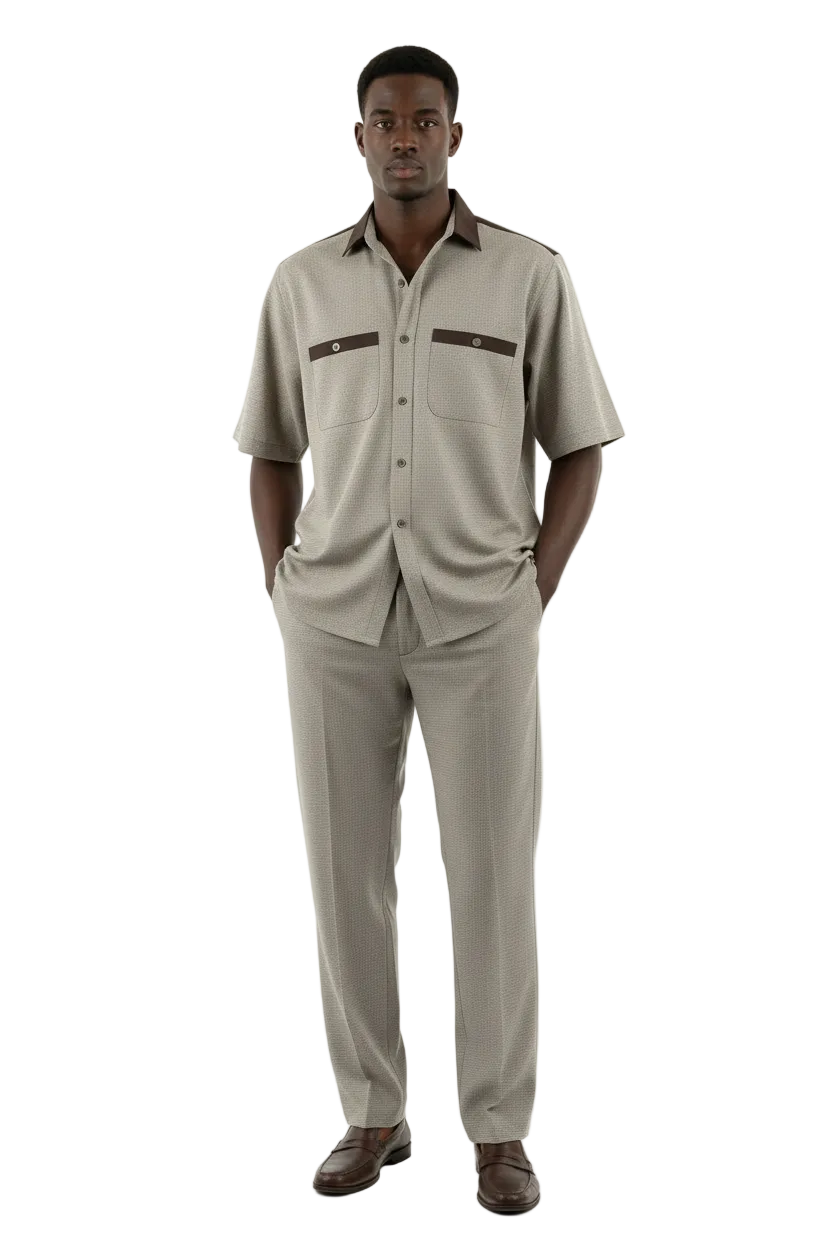 Men 2pc Walking Leisure Suit Short Sleeves DREAMS 263-12 Brown Tan Salt Pepper