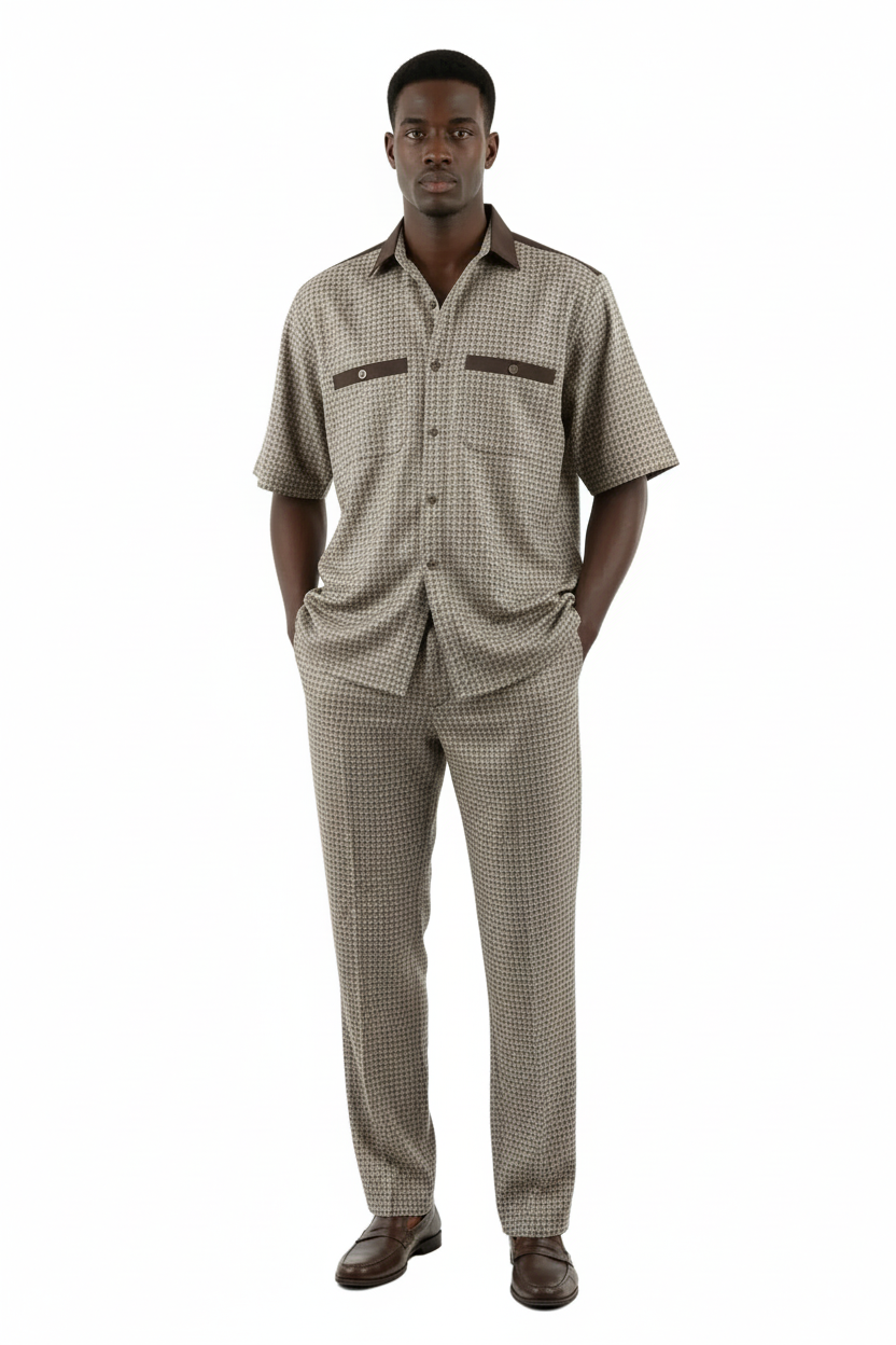 Men 2pc Walking Leisure Suit Short Sleeves DREAMS 263-12 Brown Tan Salt Pepper