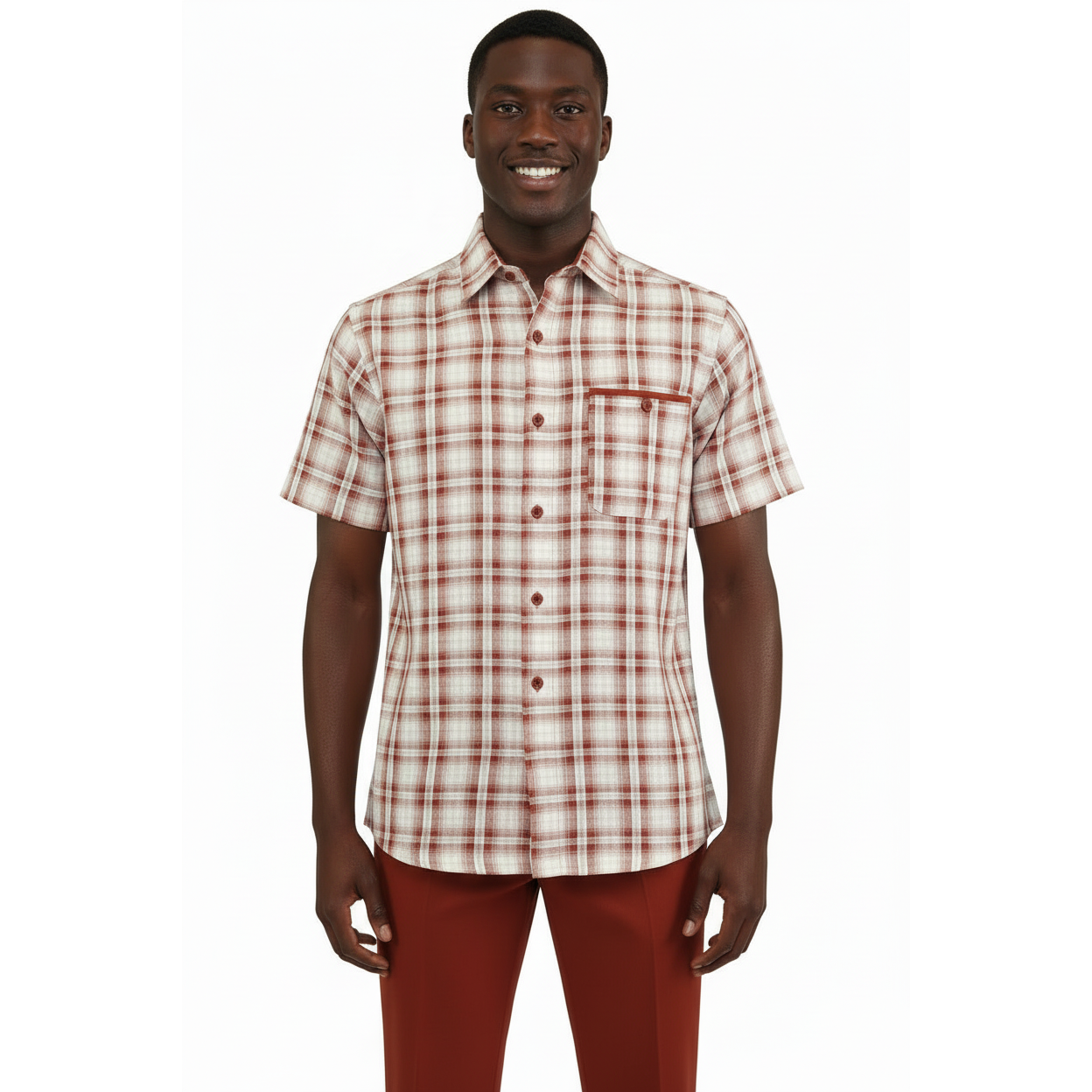 Men 2pc Walking Leisure Suit Short Sleeves DREAMS Checker 282-09 Papaya Rust
