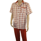 Men 2pc Walking Leisure Suit Short Sleeves DREAMS Checker 282 - 09 Papaya Rust - J.Valintin Men's Wear Legend - 282 - 09 Papaya - M