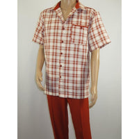 Men 2pc Walking Leisure Suit Short Sleeves DREAMS Checker 282 - 09 Papaya Rust - J.Valintin Men's Wear Legend - 282 - 09 Papaya - M